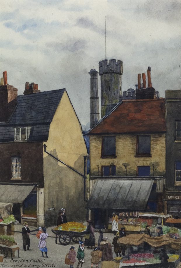 “Croydon Castle”, Waterworks and Surrey Street. Evacustes E. Phipson. 1923. © Museum of Croydon. (Image courtesy Museum of Croydon reference M/1993/607).