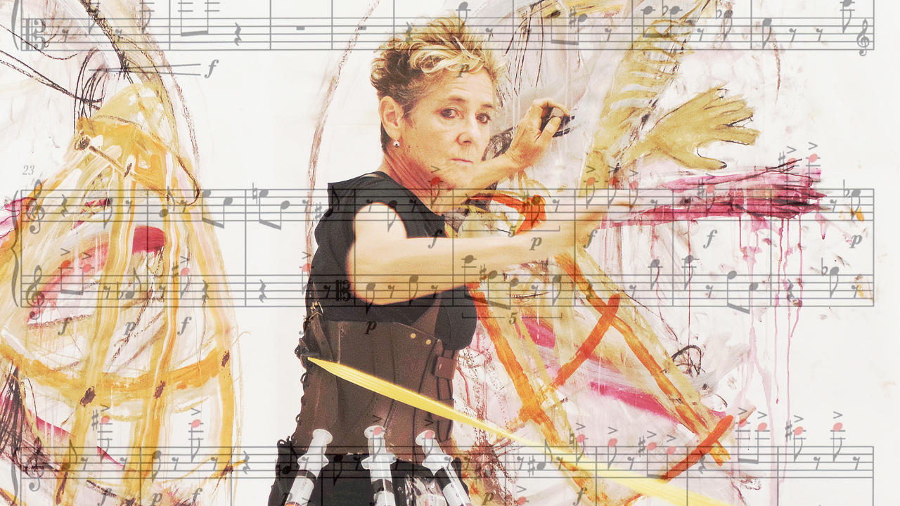 A poster of TransHuman Embodiment and Beyond performance, with a photo in the middle, of artist and performer Rachel Gadsden wearing black, a leather corset and pannier skirt with syringes attached, painting an image of an abstract body, with a music score by Freddie Meyers woven through the photo.