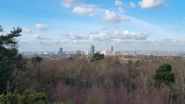 Skyline of Croydon in the distance.