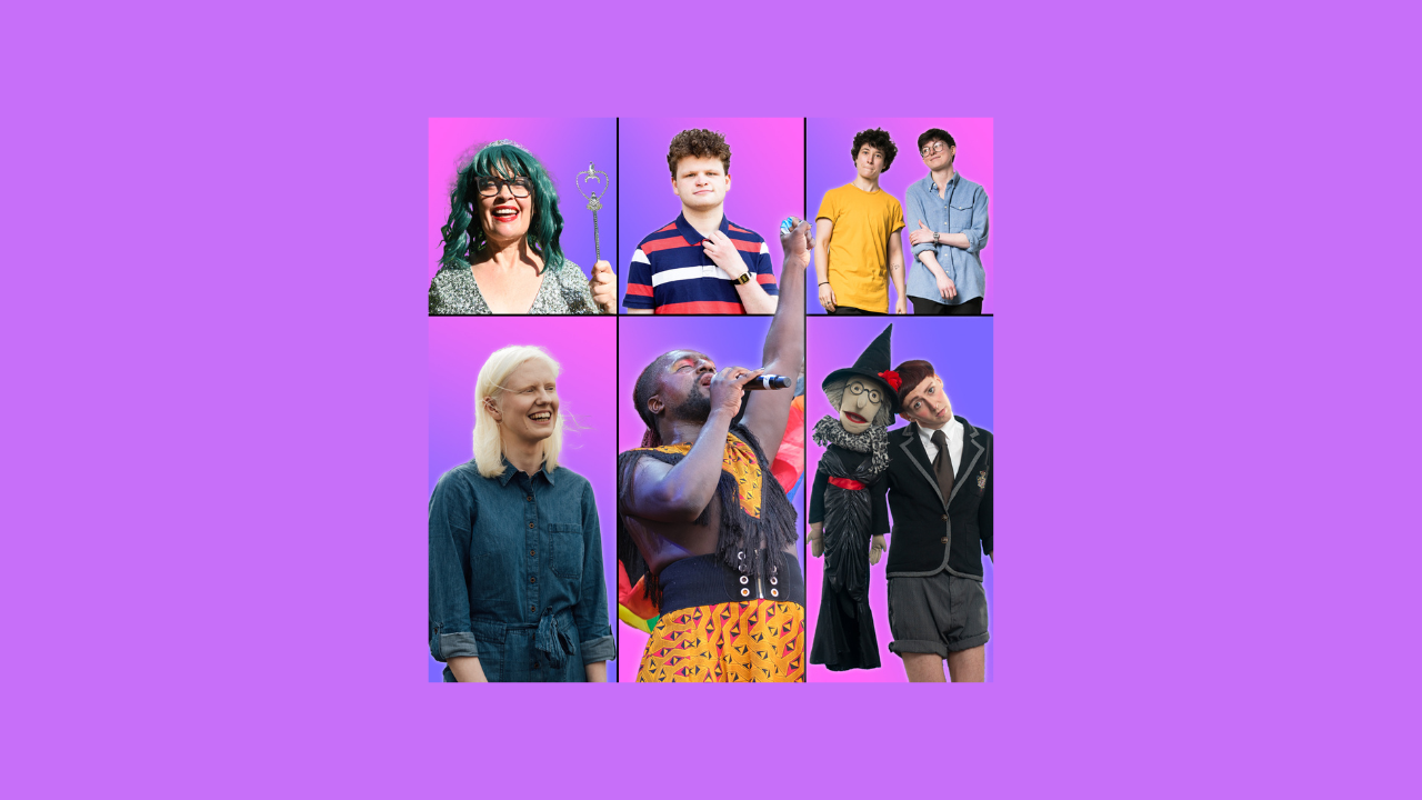 The image is divided into 6 boxes, each with it’s own pink to purple gradient. Each box includes a cut-out image of a performer. It shows an eclectic mix of acts.