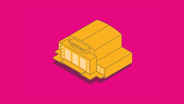 Graphic of Fairfield Halls in yellow with a pink background.