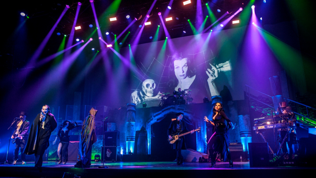 Photo of The Damned on stage.