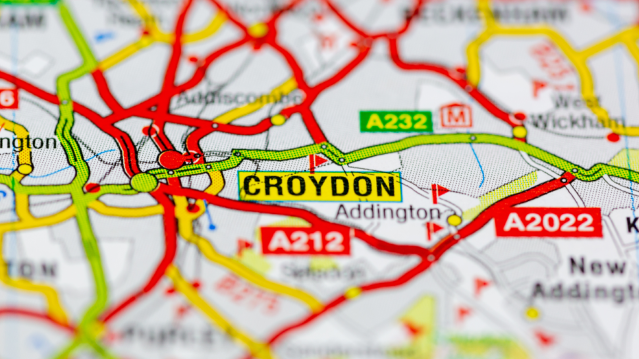 A road map of Croydon and the surrounding areas.
