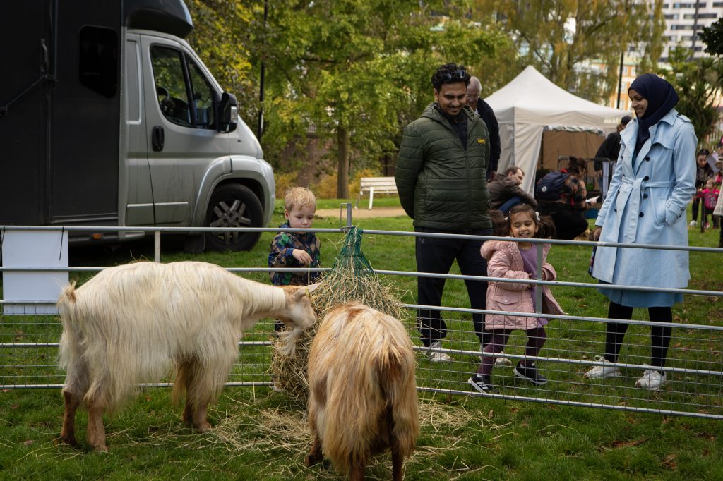A family meeting two goats