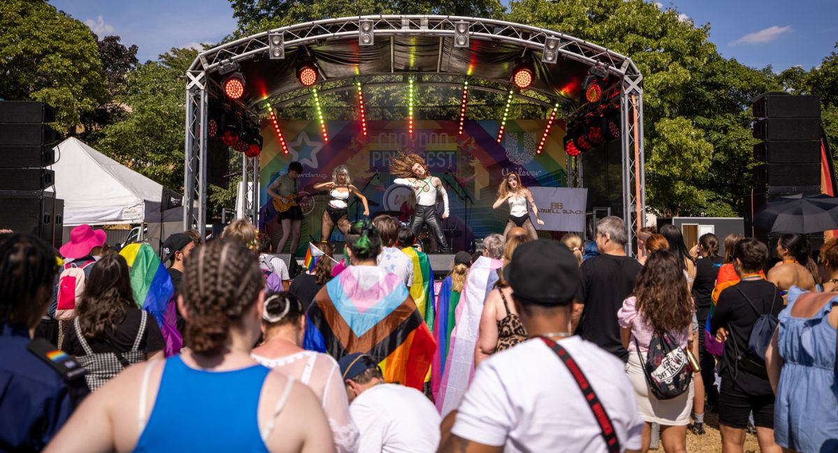Stage and crowd at Croydon PrideFest 2023