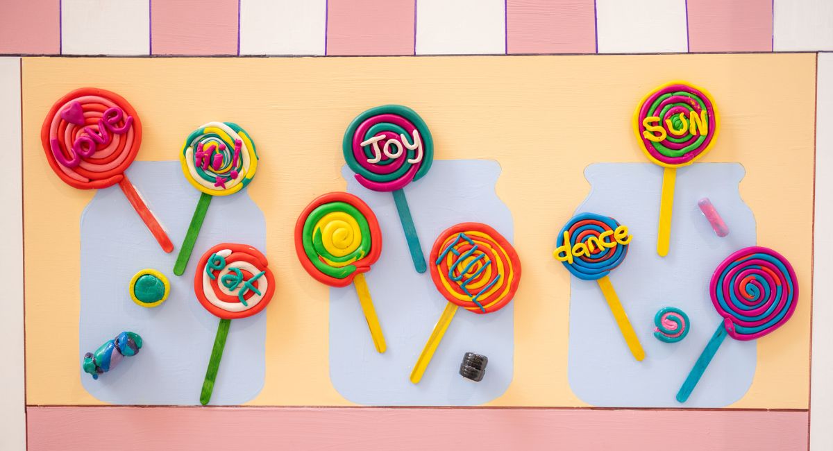 An artwork featuring colourful lollipops