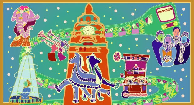 An illustration of Croydon Clocktower surrouded by vibrant carol singers, pantomime ponies, an indian elephant puppet, christmas tree and DJ Frietmachine