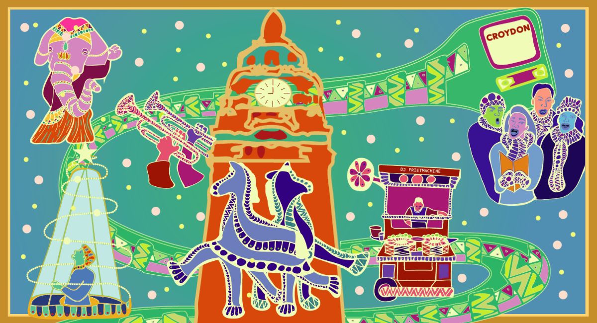 An illustration of Croydon Clocktower surrouded by vibrant carol singers, pantomime ponies, an indian elephant puppet, christmas tree and DJ Frietmachine