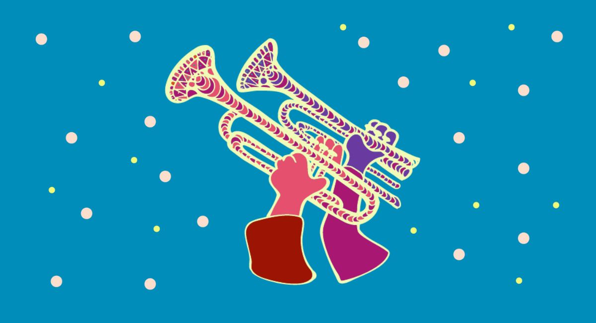 An illustration of two trumpets against a blue snowy background