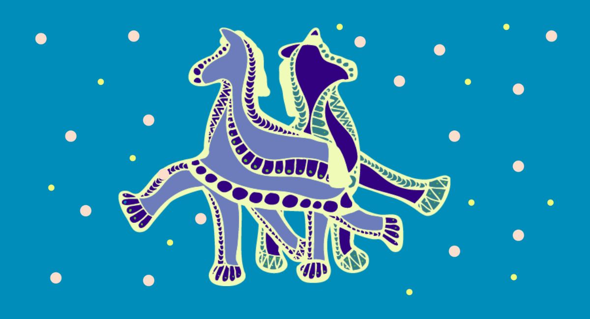 An illustration of two pantomime ponies against a snowy blue background