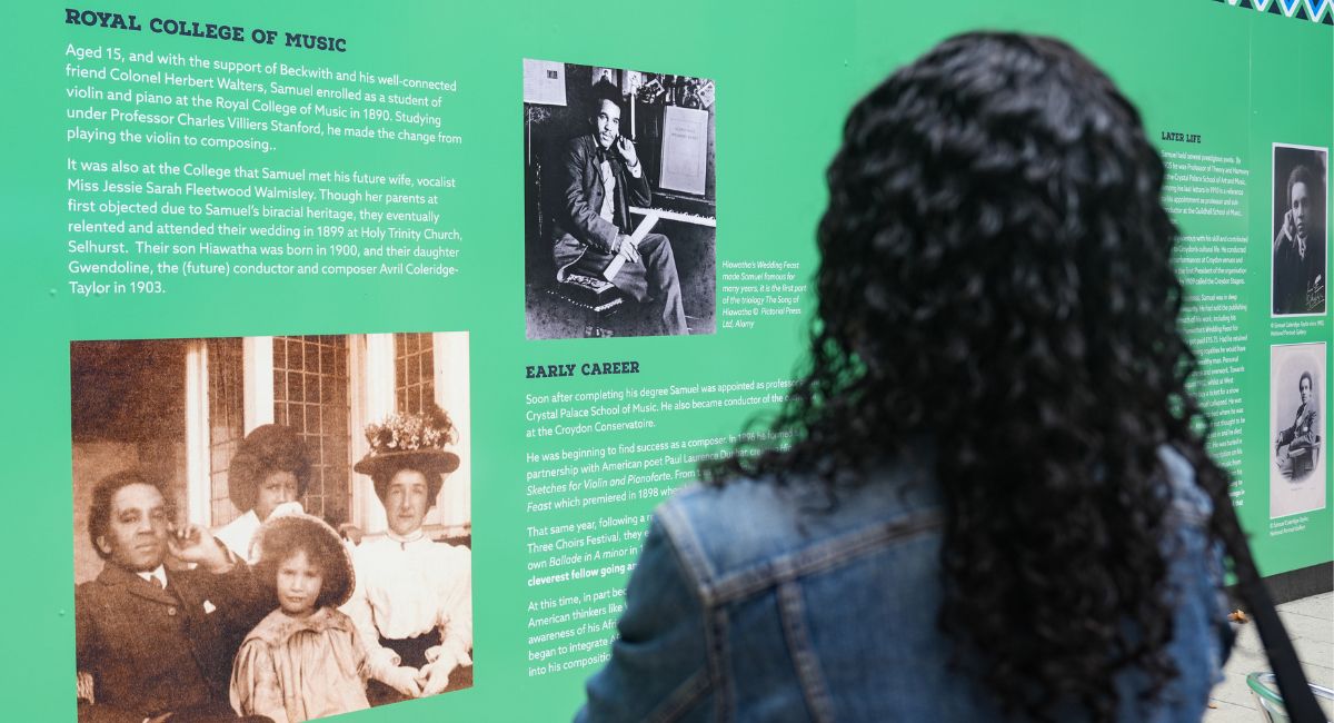 A hoardings display about Samuel Coleridge-Taylor on High Street Croydon