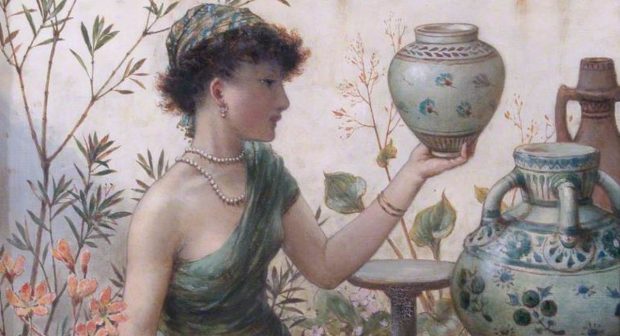 A painting of a woman holding a vase