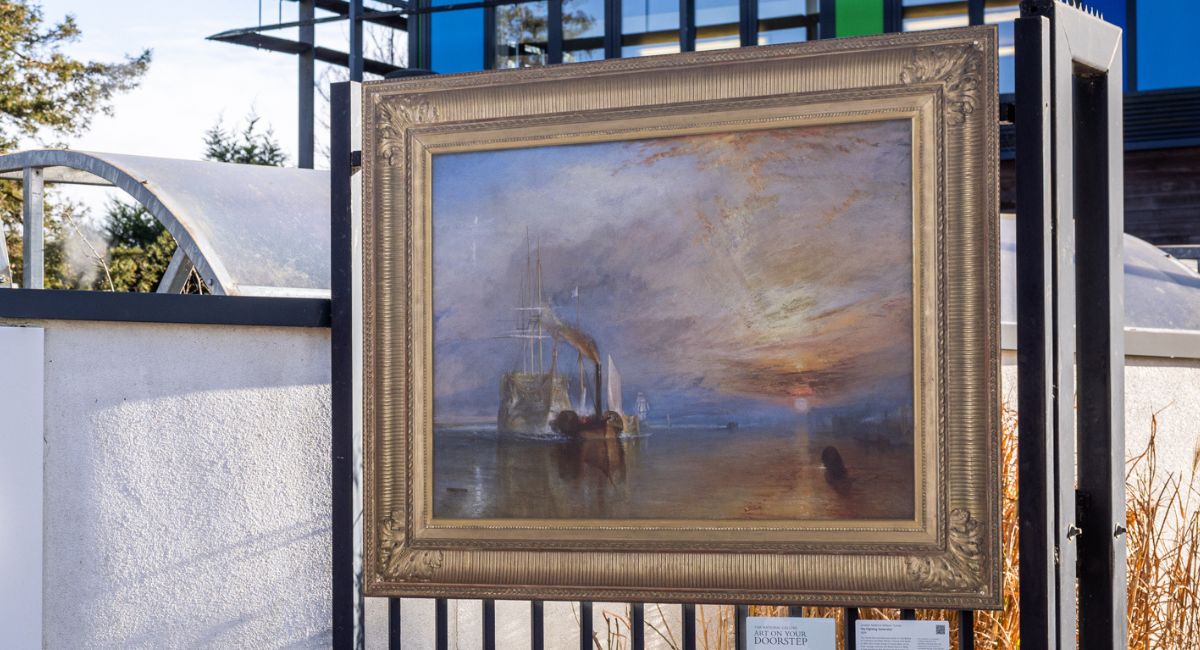 A replica of Turner's painting The Fighting Temeraire on display outside Coulsdon College.
