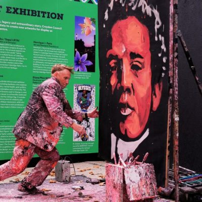 Jon Hicks paints an artwork in tribute to Samuel Coleridge-Taylor as part of the 150th anniversary celebrations in Croydon.