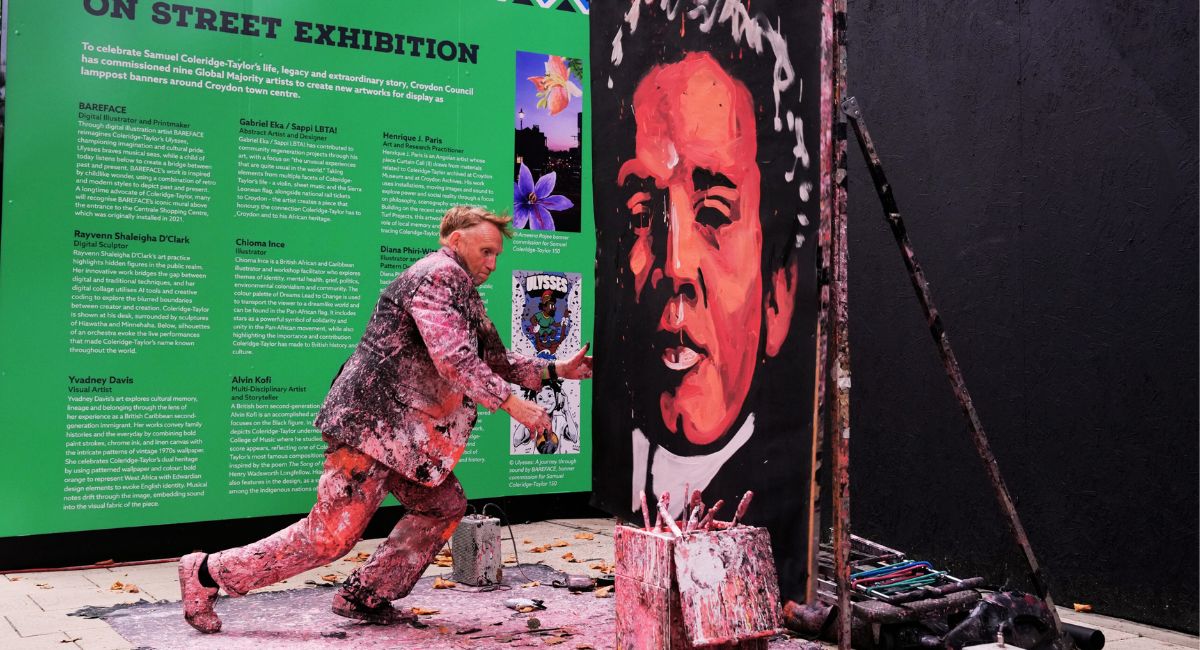 Jon Hicks paints an artwork in tribute to Samuel Coleridge-Taylor as part of the 150th anniversary celebrations in Croydon.