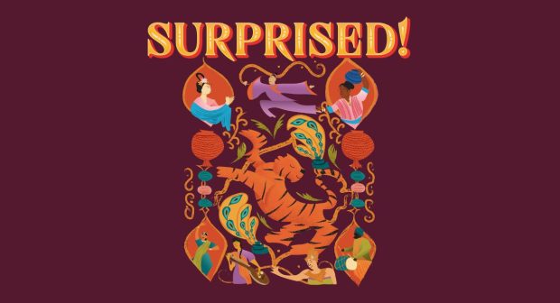 An illustration featuring a tiger at the centre, surrounded by musicians, dancers and lanterns