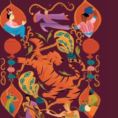 Illustration of a tiger and Asian musicians and dancers