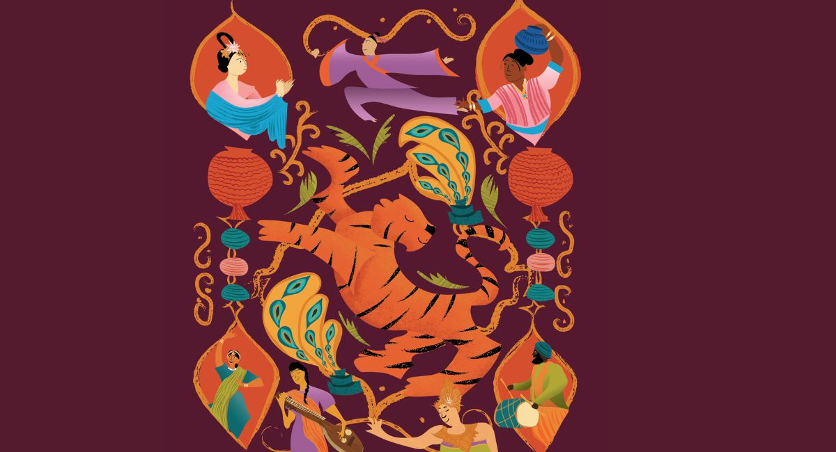 Illustration of a tiger and Asian musicians and dancers