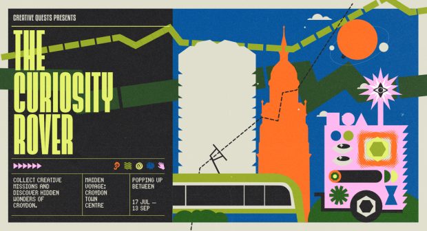 A graphic image in bold colours featuring a tram, Croydon buildings and the curiosity rover