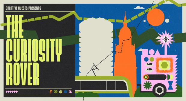 A graphic image in bright bold colours showing buildings of Croydon, a tram, and the spacecraft-like Rover