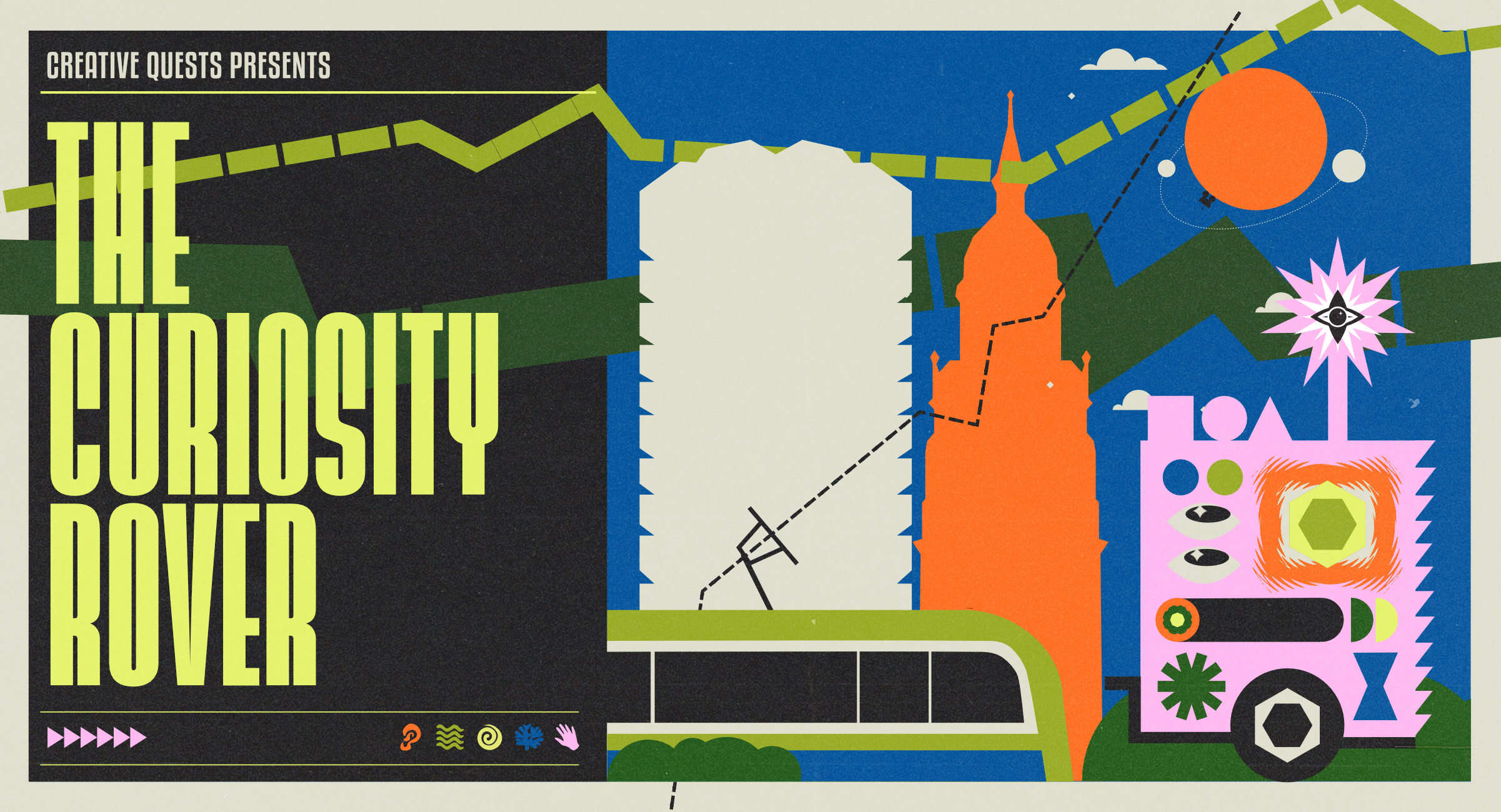 A graphic image in bright bold colours showing buildings of Croydon, a tram, and the spacecraft-like Rover